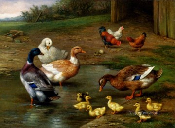Poulets Canards Et Canetons Pagayage animaux Edgar Hunt Peinture à l'huile